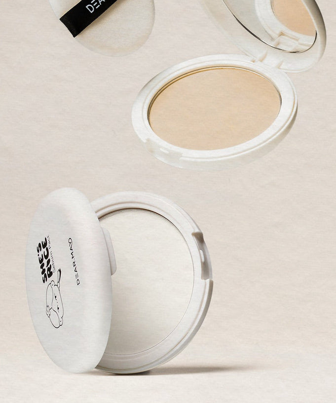 DEAR MAY She's Rice Sebum Fact 12g compact with open lid displaying powder texture