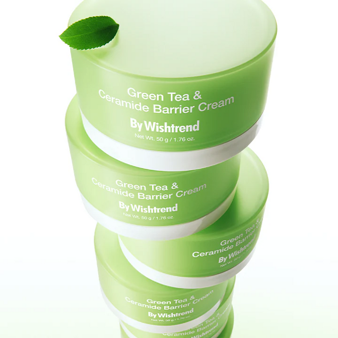 Stack of BY WISHTREND Green Tea & Ceramide Barrier Cream 50g jars with a green leaf on top
