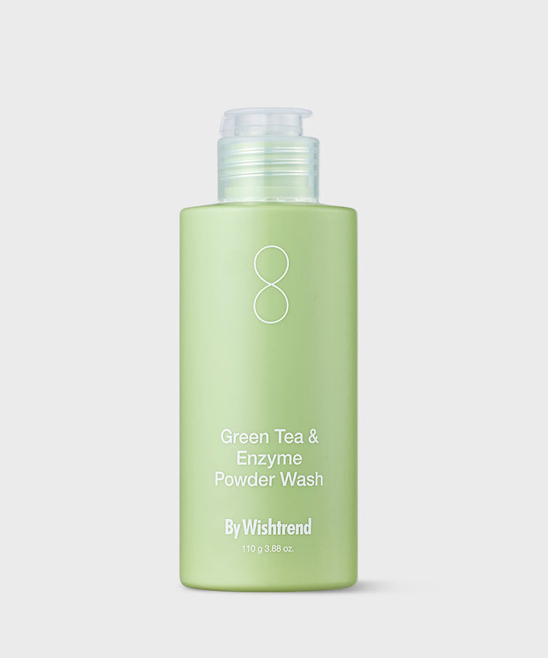BY WISHTREND Green Tea & Enzyme Powder Wash 110g in green bottle on white background