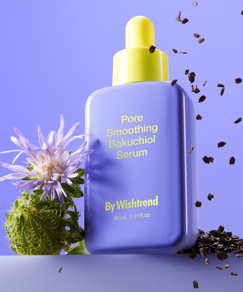 BY WISHTREND Pore Smoothing Bakuchoil Serum 30ml with natural ingredients and violet bottle design.