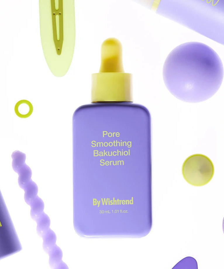 BY WISHTREND Pore Smoothing Bakuchiol Serum 30ml product bottle with pipette featured among colorful skincare items.