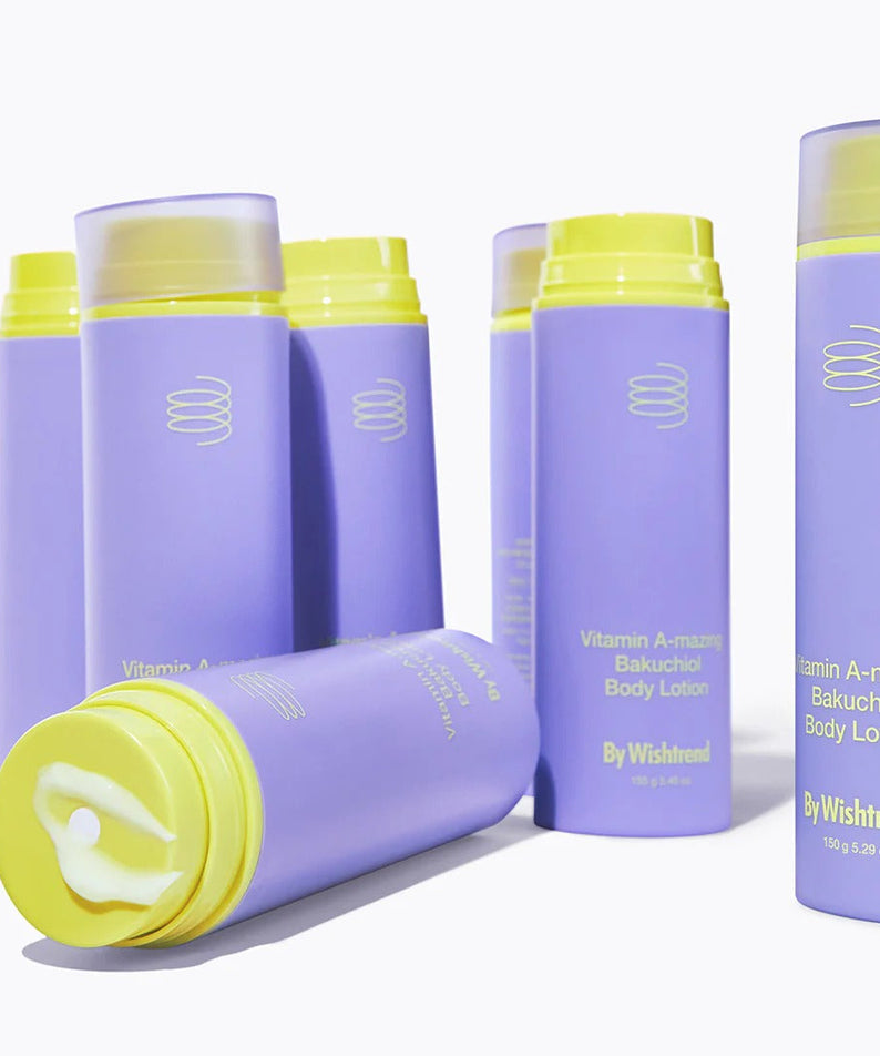 BY WISHTREND Vitamin A-mazing Bakuchiol Body Lotion 150g bottles displayed in a row