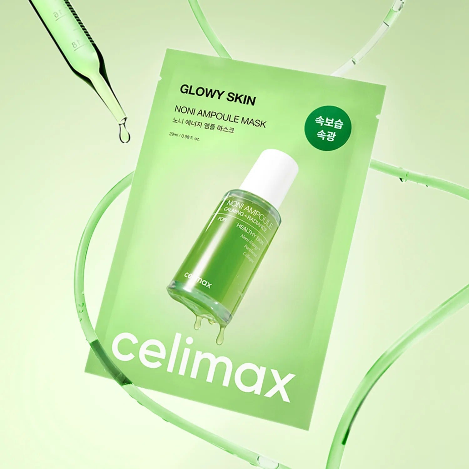CELIMAX Noni Ampoule Mask 10 Sheets package with product bottle, highlighting skincare benefits and green design.
