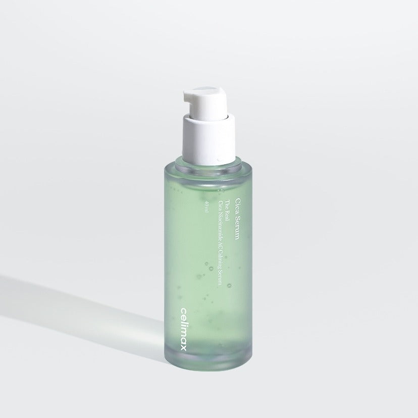 CELIMAX The Real Cica Nicinamide AC Calming Seru 40ml green bottle on white background