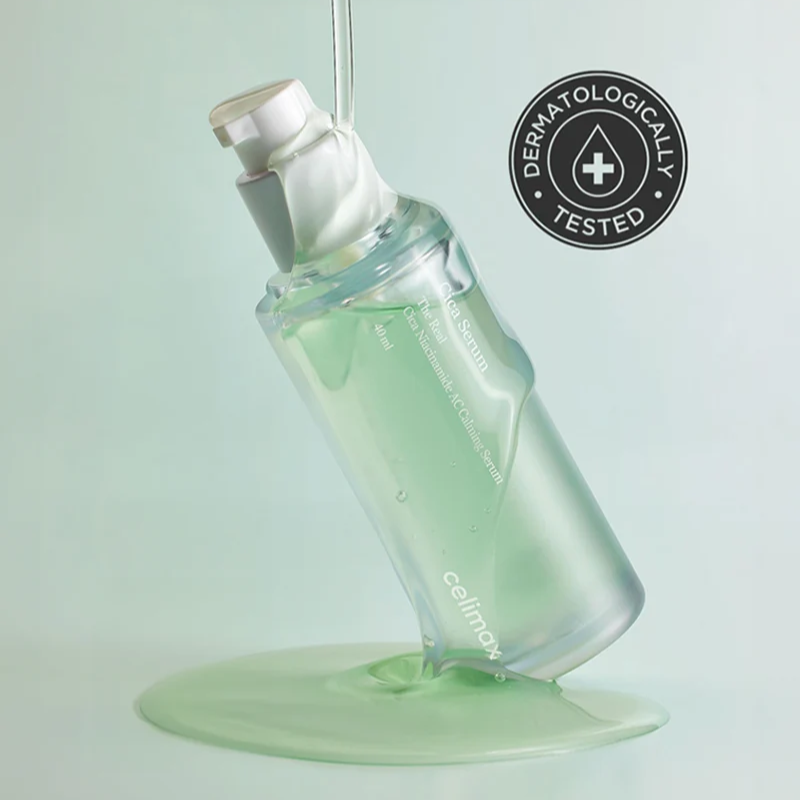 CELIMAX The Real Cica Nicinamide AC Calming Seru 40ml in a tilted bottle with dermatologically tested badge.