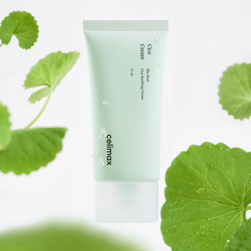 CELIMAX The Real Cica Soothing Cream 50ml tube with green leaves background