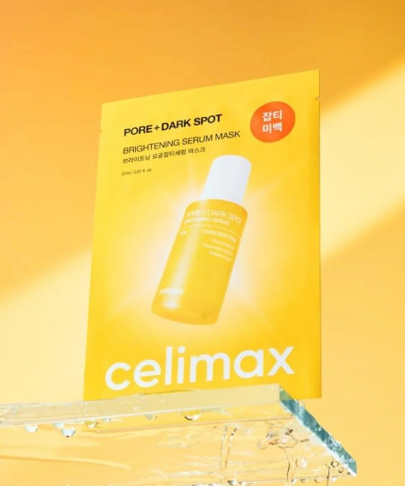 CELIMAX Brightening Pore Blemish Serum Mask 10 sheets against golden background