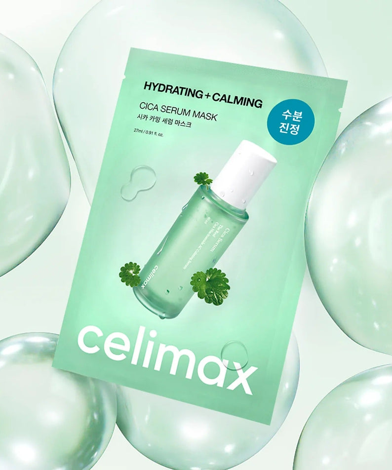 CELIMAX Cica Serum Mask 10 Sheets package with green hydrating and calming design, featuring product and bubbles in the background.