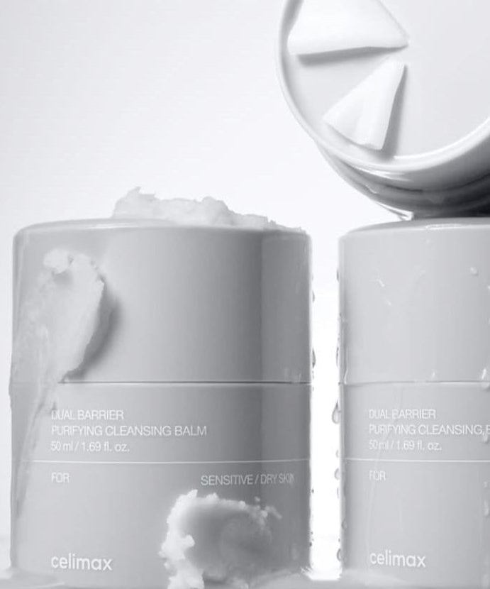 CELIMAX Dual Barrier Purifying Cleansing Balm 50ml in sleek gray jars with cream scoops on top.