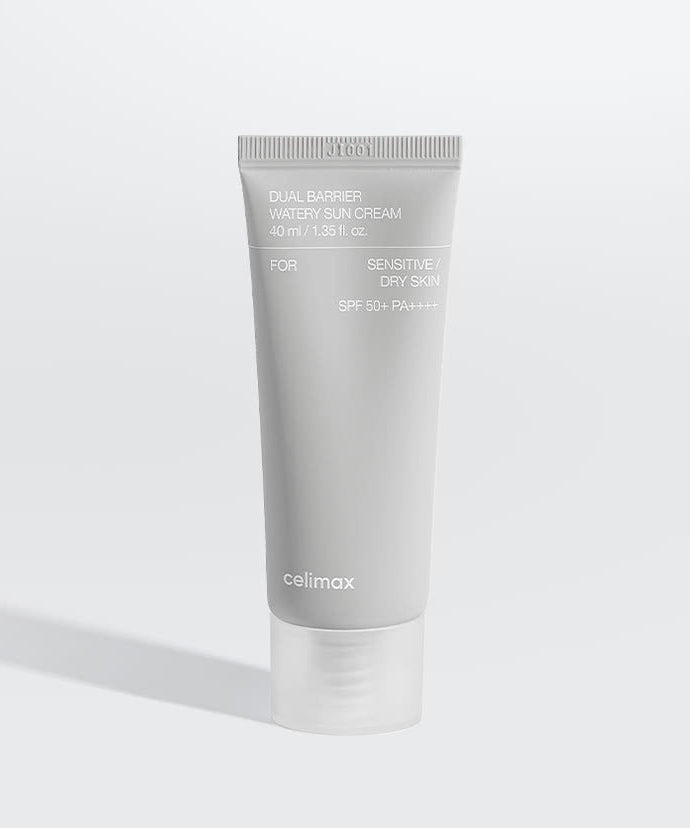 CELIMAX Dual Barrier Watery Sun Cream 40ml tube for sensitive and dry skin, SPF 50+, PA++++, standing on a white surface.