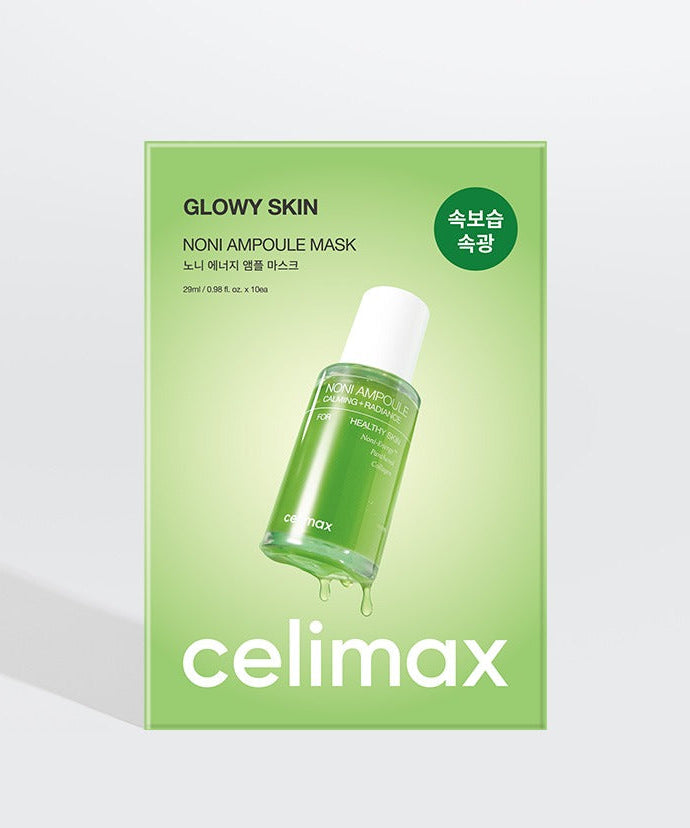 Packaging of CELIMAX Noni Ampoule Mask 10 Sheets with green bottle image and Korean text "Glowy Skin" on the box.