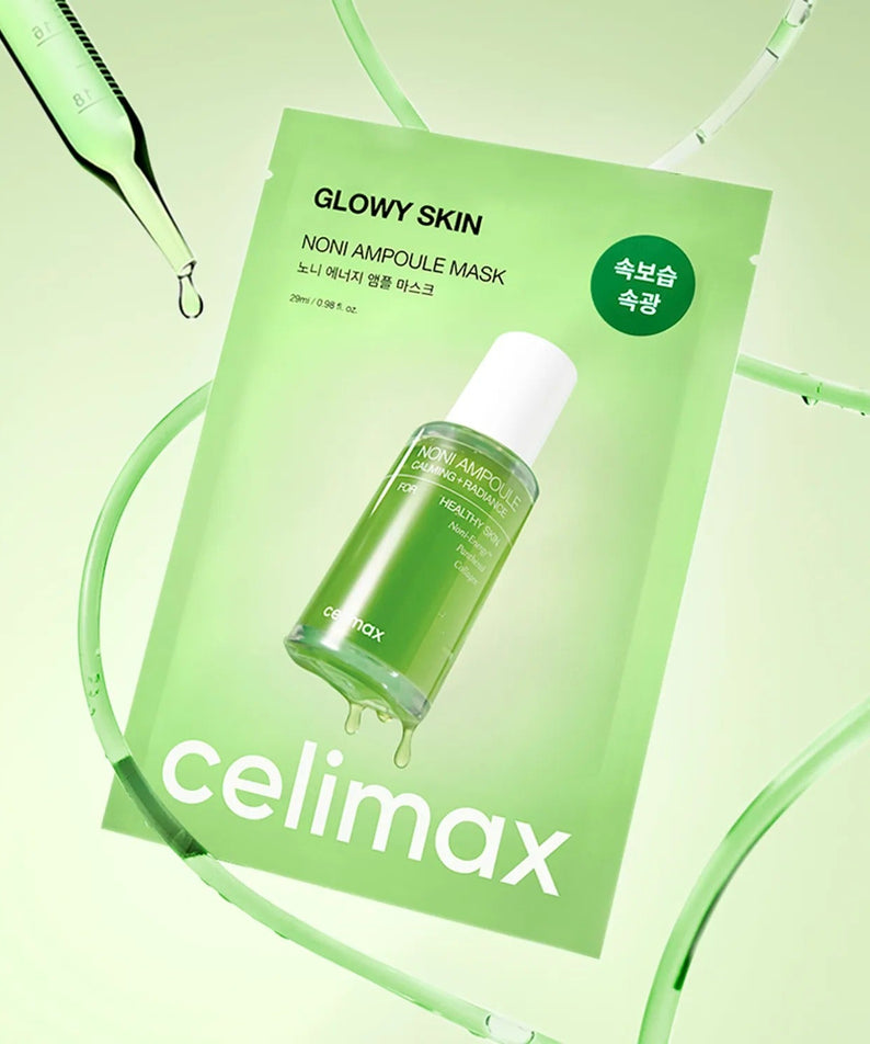 CELIMAX Noni Ampoule Mask 10 Sheets package with product bottle, highlighting skincare benefits and green design.