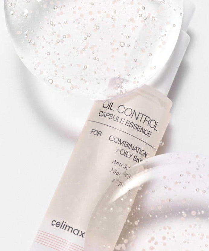 CELIMAX Oil Control Capsual Essence 30ml for oily skin with anti-sebum properties, ideal for combination skin care regimen.