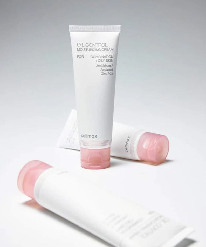 CELIMAX Oil Control Moisturizing Cream 80ml in three tubes with pink caps, designed for oil control and hydration on combination to oily skin.