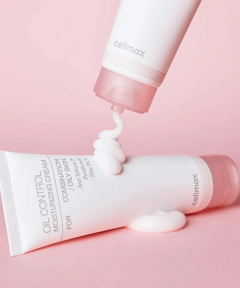 CELIMAX Oil Control Moisturizing Cream 80ml on a pink background, showing cream texture.