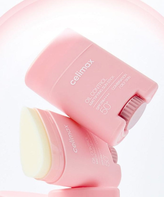 CELIMAX Oil Control Sun Stickk 19g SPF 50+, portable pink sun protection for oily skin, easy application, travel-friendly design.