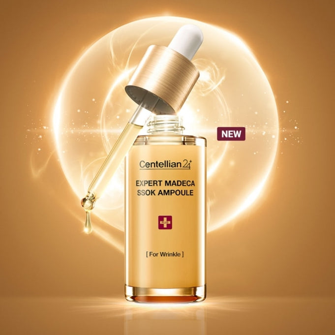 CENTELLIAN 24 Expert Madeca Ssok Ampoule 38ml anti-aging skincare serum with dropper, gold background