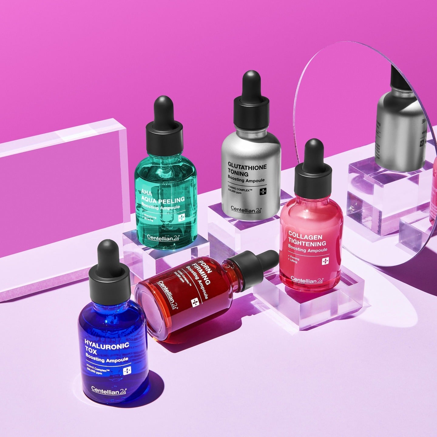 CENTELLIAN 24 Glutathione Toning Boosting Ampoule 30ml 5 Types showcasing various ampoules on a pink background with mirror reflections