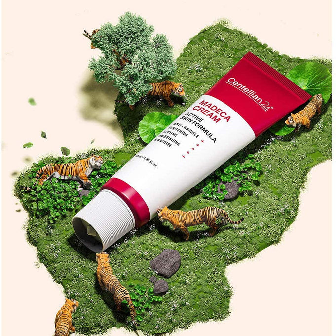 CENTELLIAN 24 Madeca Cream Active Skin Formula 50ml tube on decorative display with tigers and greenery