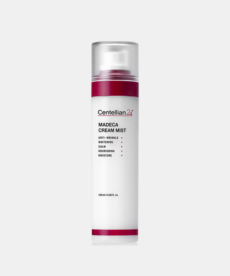 CENTELLIAN 24 Madeca Cream Mist 120ml bottle showing anti-wrinkle, calming, nourishing properties with red and white packaging