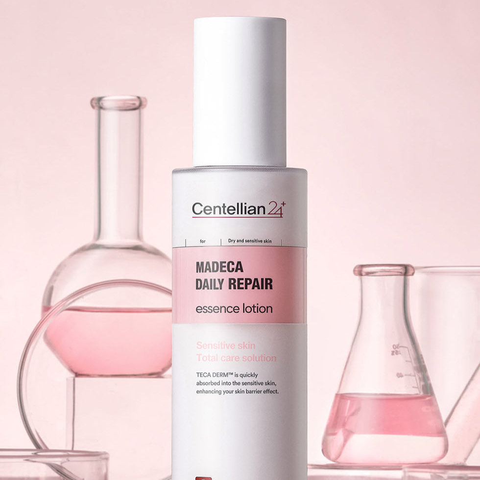 CENTELLIAN 24 Madeca Daily Repair Essence Lotion 100ml bottle with scientific glassware background.
