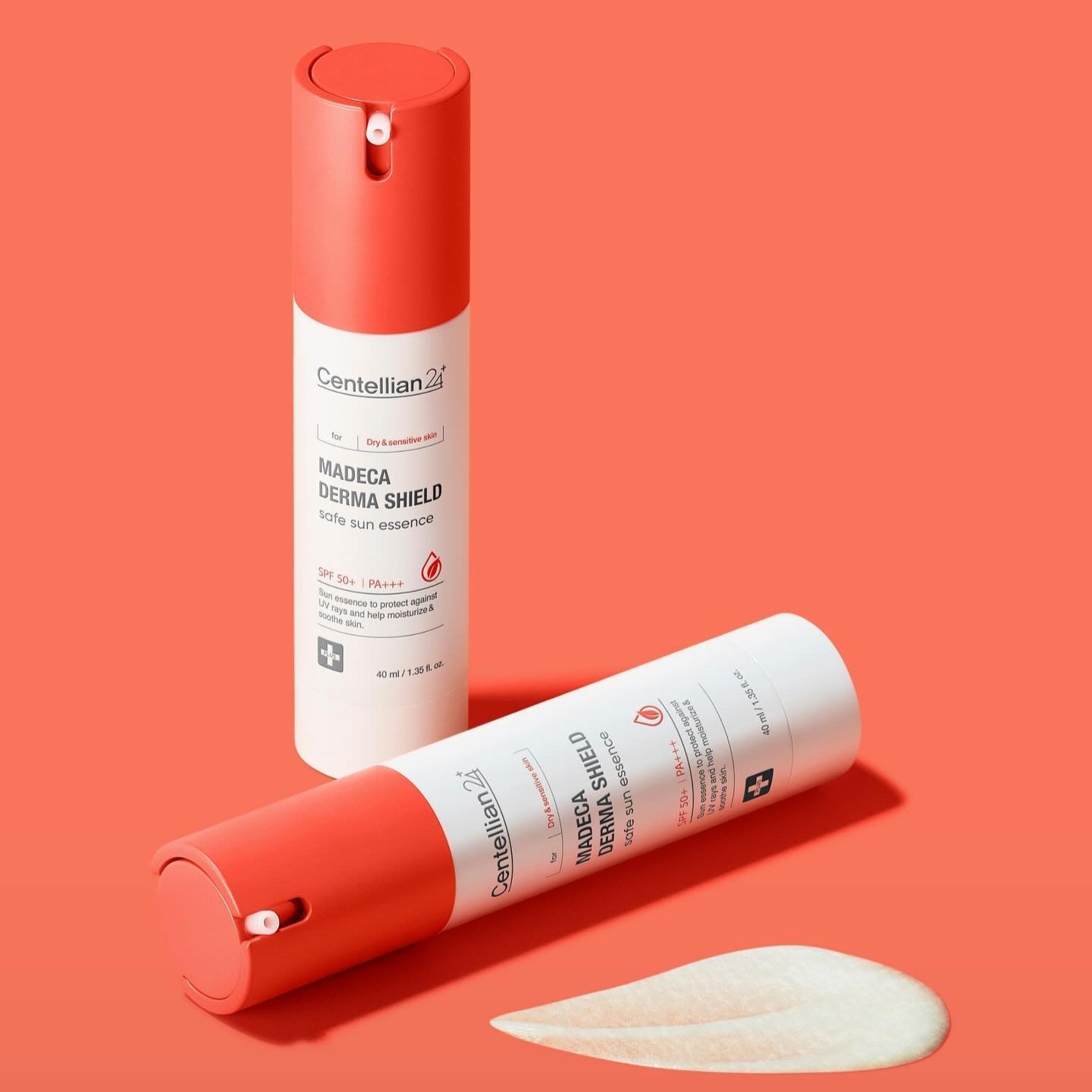 CENTELLIAN 24 Madeca Derma Sheild Safe Sun Essence 40ml product display with two bottles and cream texture sample