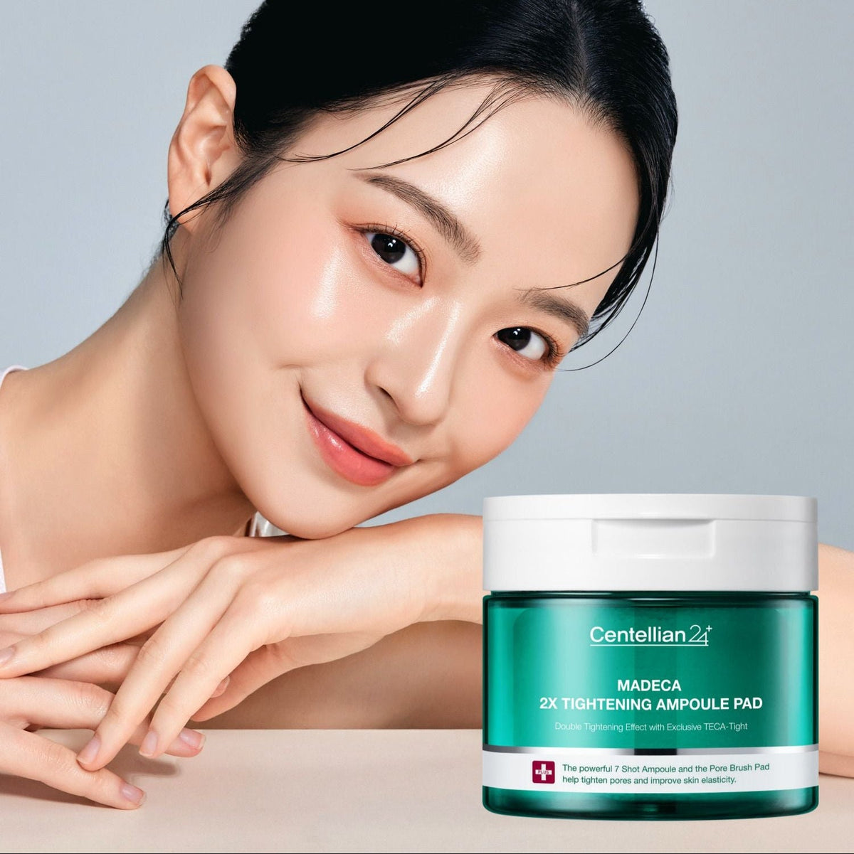 CENTELLIAN 24 Madeca Double Tightening Ampoule Pads (60 sheets) with packaging displayed next to smiling woman.