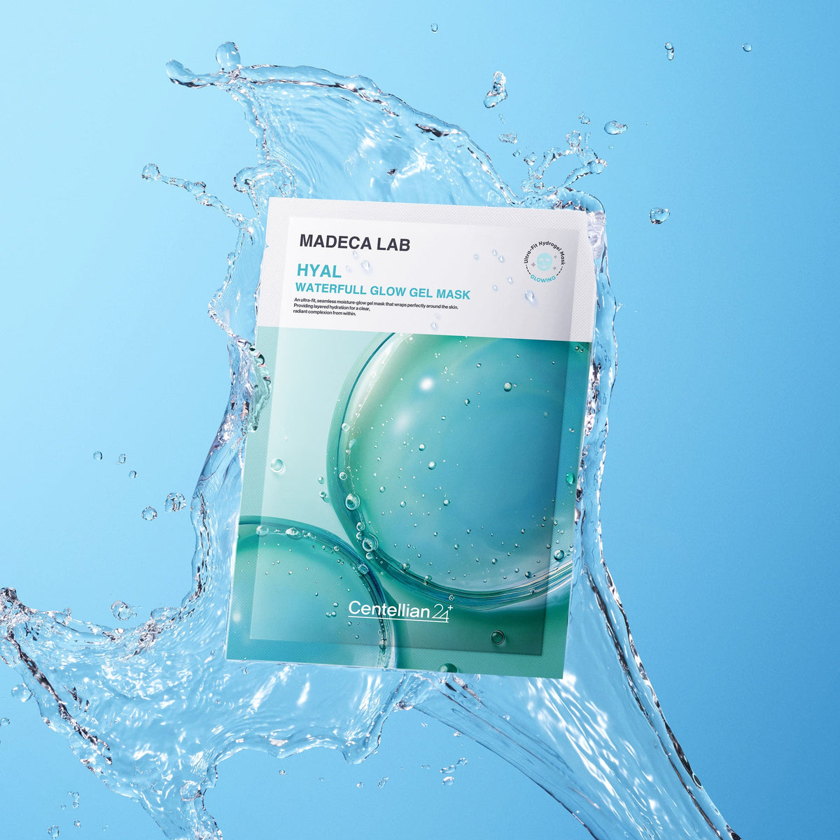 CENTELLIAN 24 Madeca Lab Gel Mask 22ml x 1 sheet floating in water with blue background