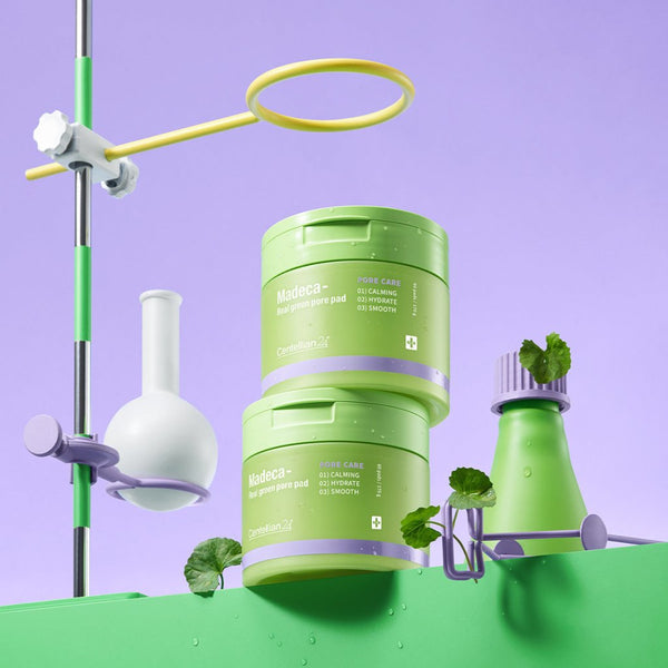 CENTELLIAN 24 Madeca Real Green Pore Pad 170g (60 sheets) displayed with botanical elements.