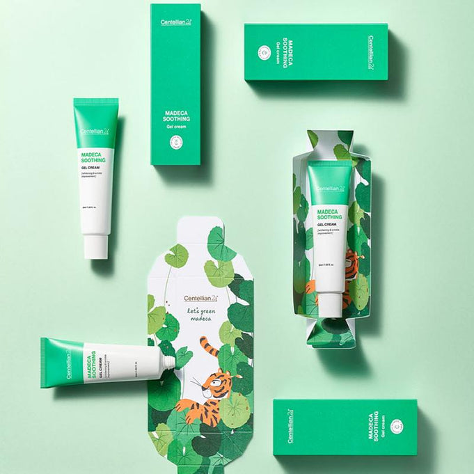 CENTELLIAN 24 Madeca Soothing Gel Cream 50ml packaging and tubes displayed on a green background