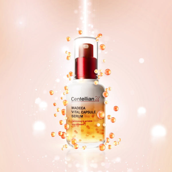 CENTELLIAN 24 Madeca Vital Capsule Serum 50ml with vibrant capsules and glowing background