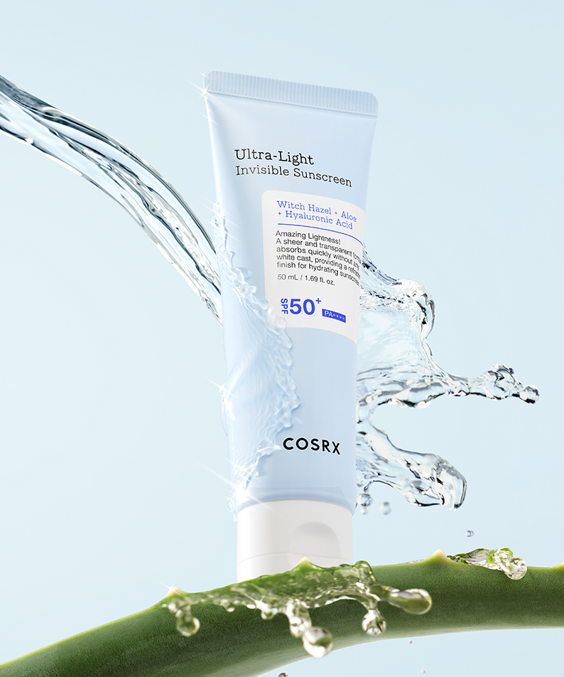 COSRX Ultra-Light Invisible Sunscreen SPF50+ PA++++ 50ml tube with aloe and water splash, highlighting its refreshing formula.