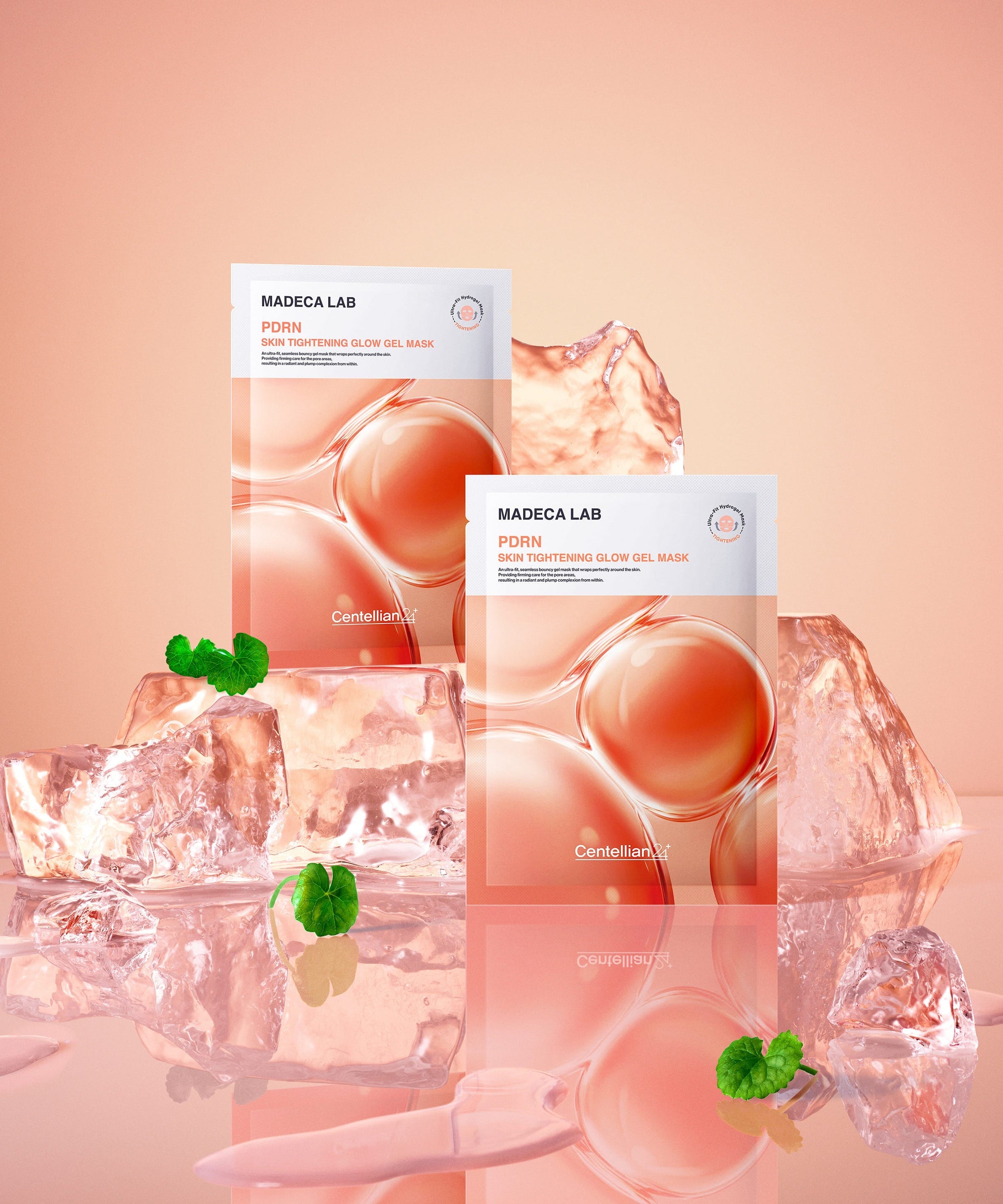 CENTELLIAN 24 Madeca Lab Gel Mask 22ml x 1 sheet displayed with ice and mint leaves in a peach-toned setting