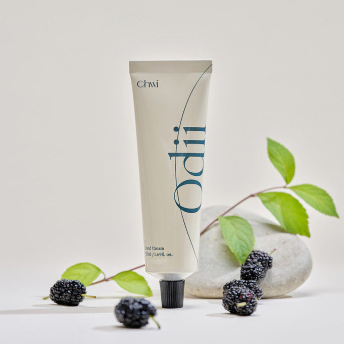CHWI (CHI) Odii Hand Cream 50ml tube with mulberries and green leaves on a white background.