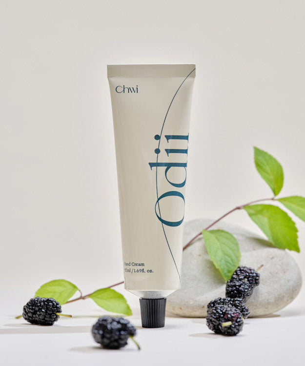 CHWI (CHI) Odii Hand Cream 50ml tube with mulberries and green leaves on a white background.