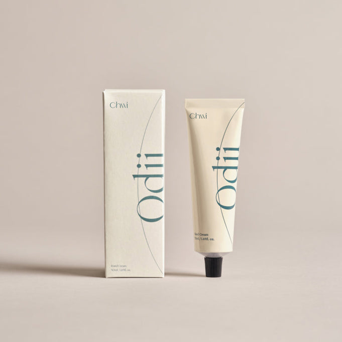 CHWI (CHI) Odii Hand Cream 50ml tube and packaging against a beige background.