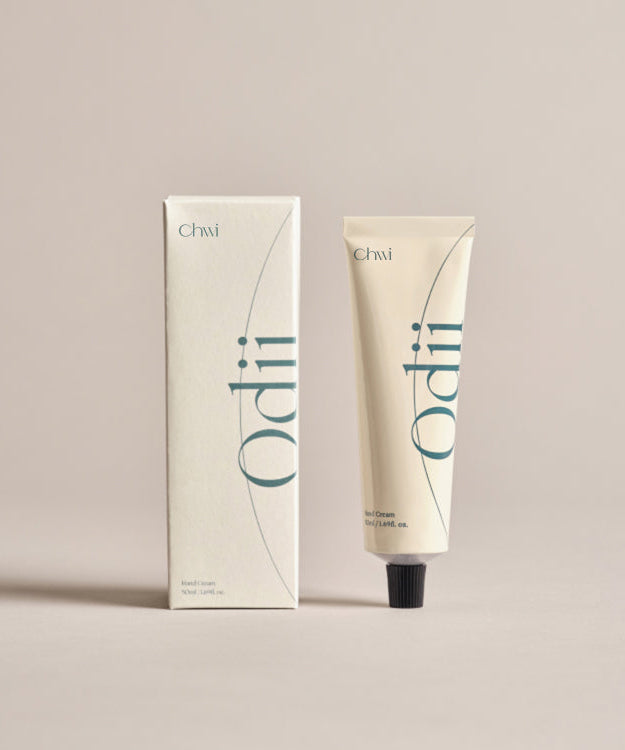 CHWI (CHI) Odii Hand Cream 50ml tube and packaging against a beige background.
