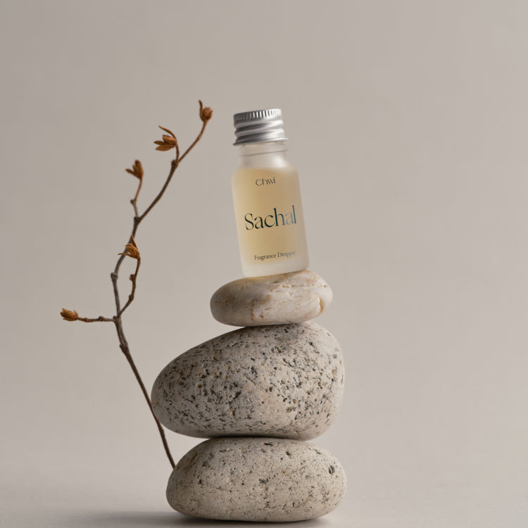 CHWI (CHI) Sachak Fraangrance Dropper 10ml bottle on stacked stones with twig accent