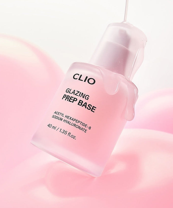 CLIO Glazing Prep Base 40ml bottle on pink background, skincare product.