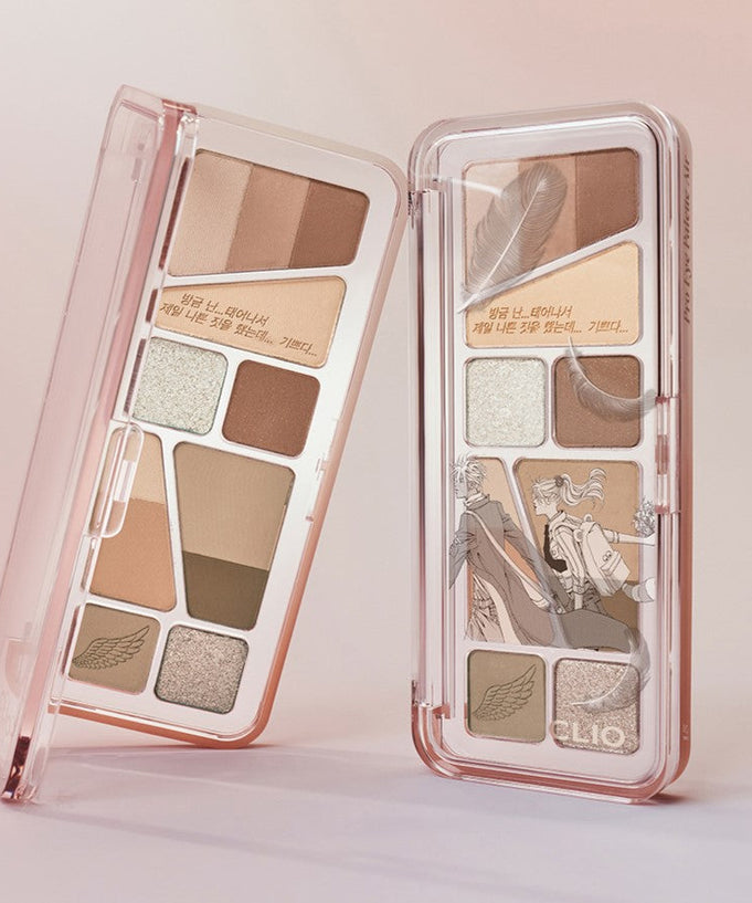 CLIO Pro Eye Palette Air (#01 to #15) makeup set showcasing elegant shades in compact packaging with artistic design.