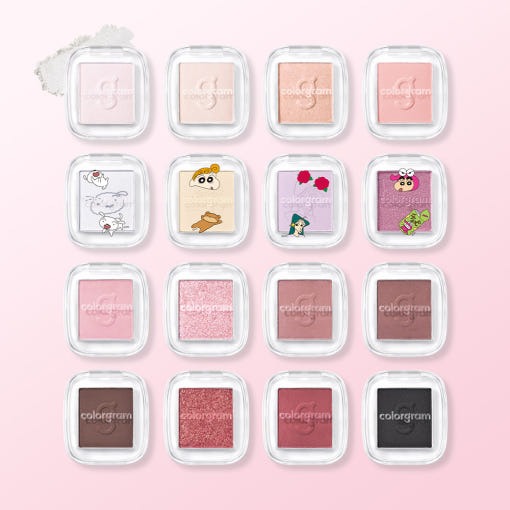 Display of various COLORGRAM Single Cube Shadow 1.7g eyeshadows with different colors and packaging designs on a pink background.