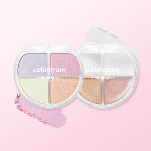 COLORGRAM Tintori Highlighter Palette featuring two open palettes with pastel shimmer shades on a soft pink background.