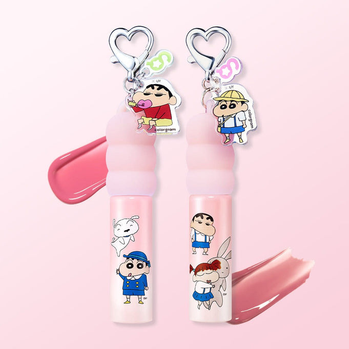 COLORGRAM Tanghulu Tangle Tint Milk 3g on pink background with cute character illustrations and heart-shaped keychains, cosmetic tint.