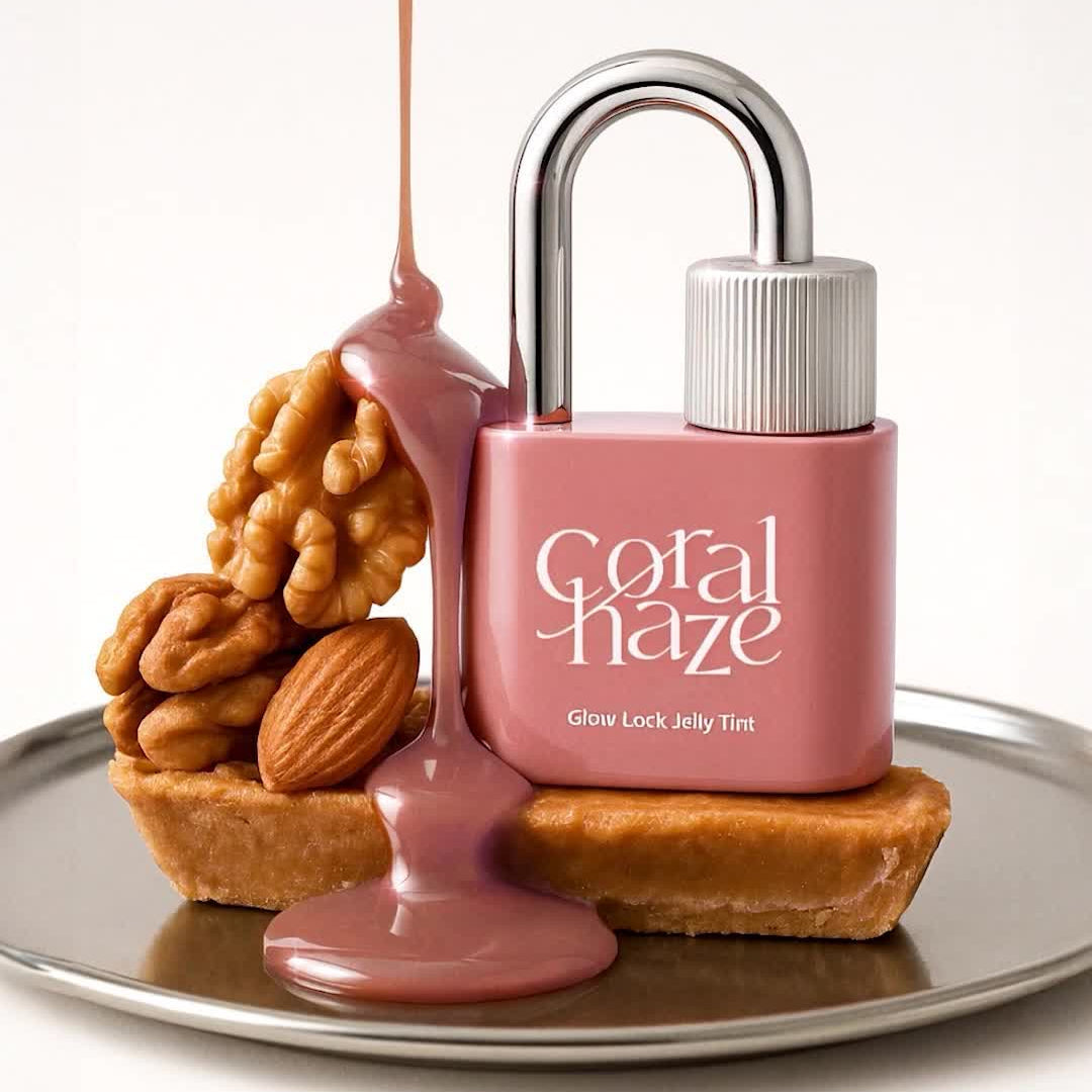 CORALHAZE Glow Lock Jelly Tint bottle with walnuts, almonds, and caramel drizzle on a dessert plate.