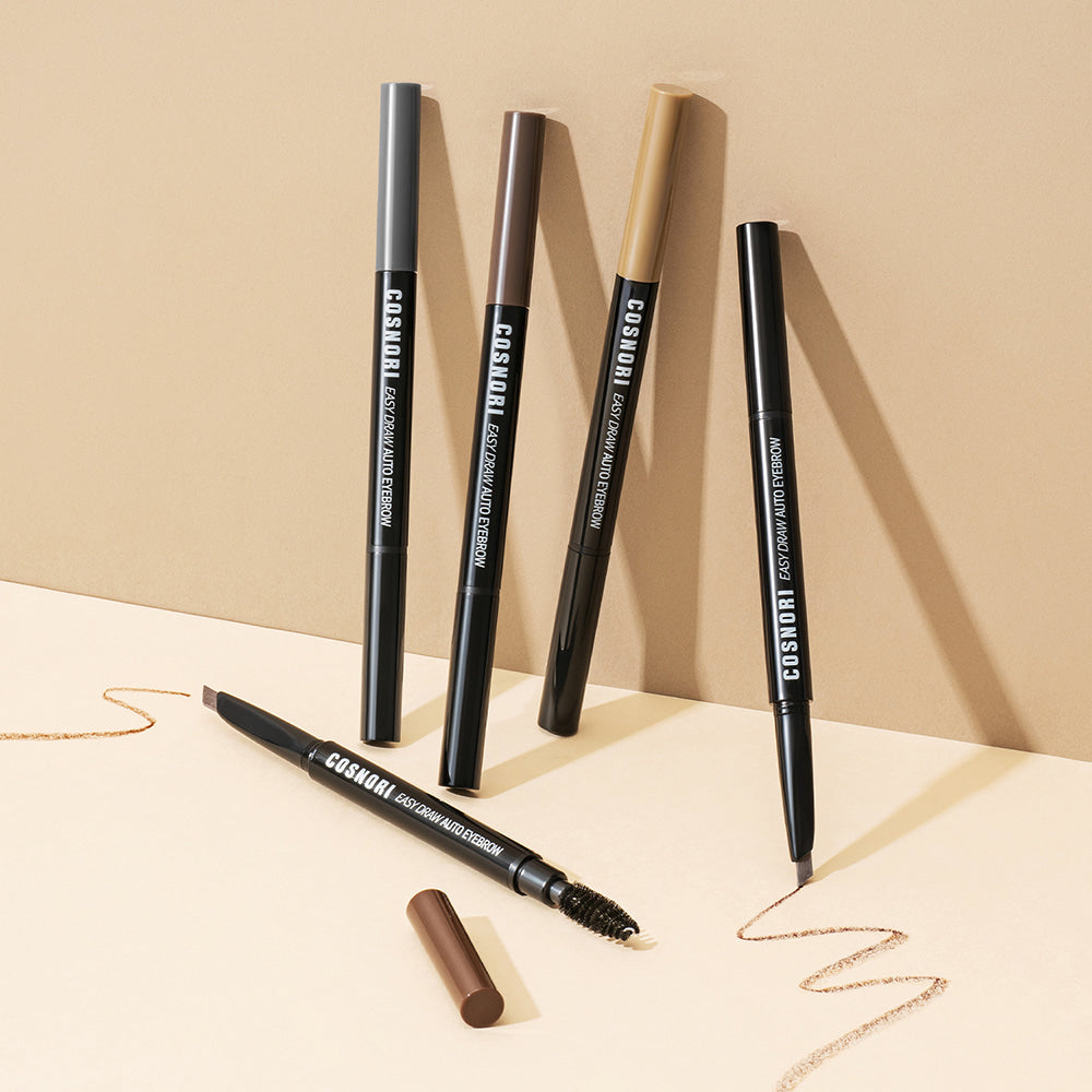 COSNORI Easy Draw Auto Eyebrow pencils displayed in various shades on a beige background.