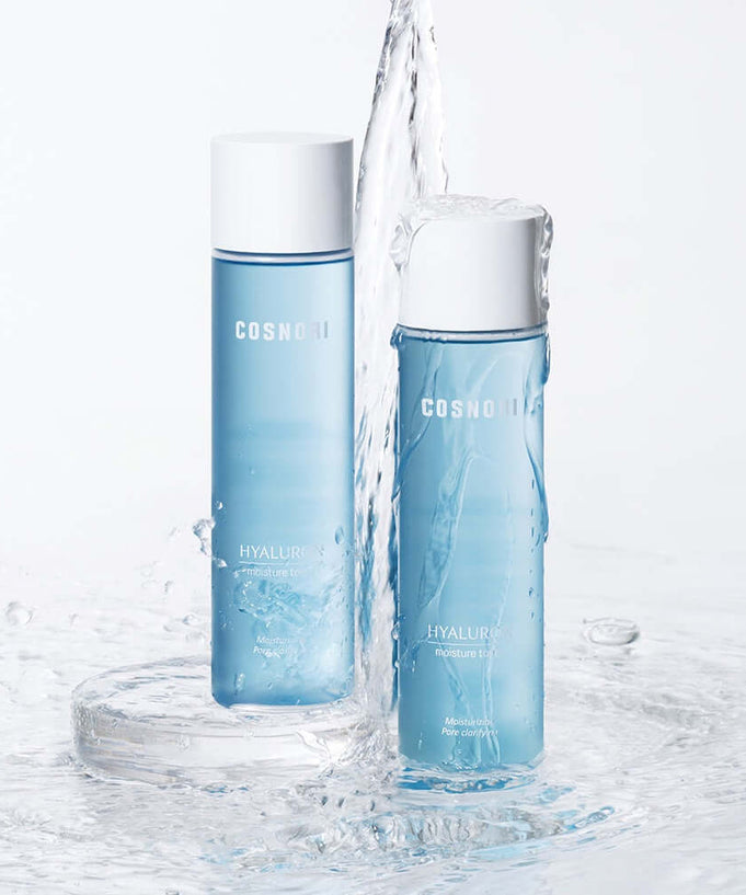 COSNORI Hyaluronic Moisture Toner 200ml bottles with water splash background