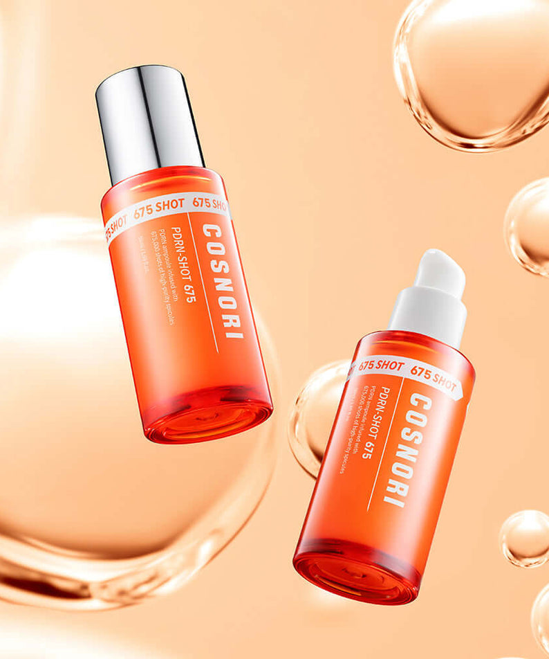 COSNORI PDRN Shot 675 50ml skincare product bottles with bubbles on orange background.