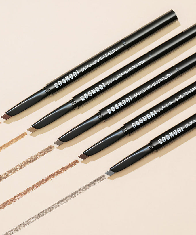 Five shades of COSNORI Easy Draw Auto Eyebrow pencils with lines drawn on a beige background.