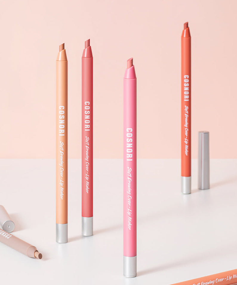 COSNORI Soft Drawing Overlip Maker lip pencils in various shades on a pastel background.