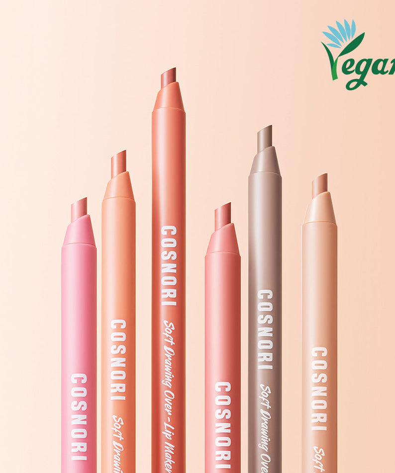 Assorted shades of COSNORI Soft Drawing Overlip Maker with vegan logo